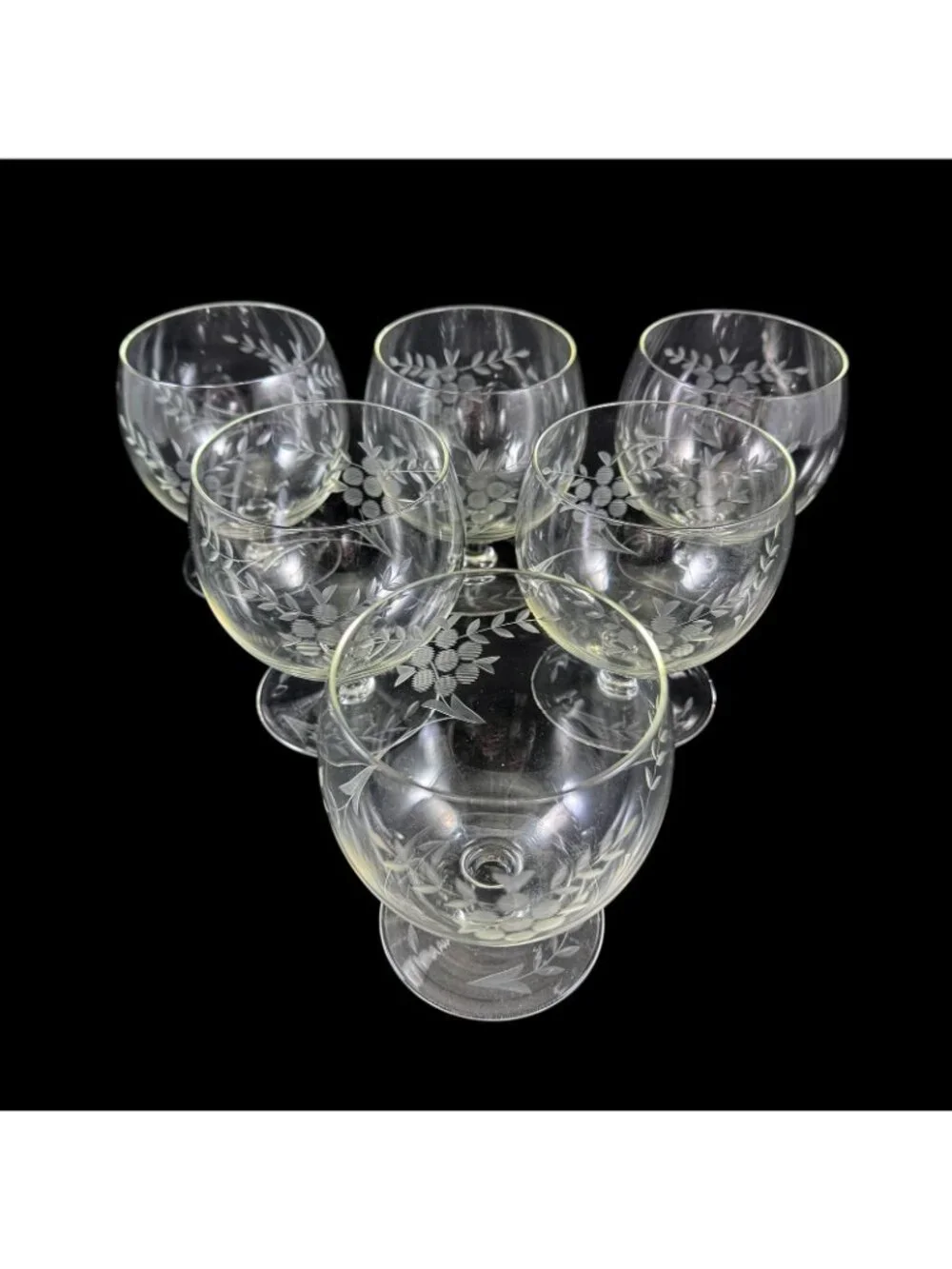 Set of 6 Floral Etched Glasses Brandy Cognac Footed Snifter Vintage 1960s